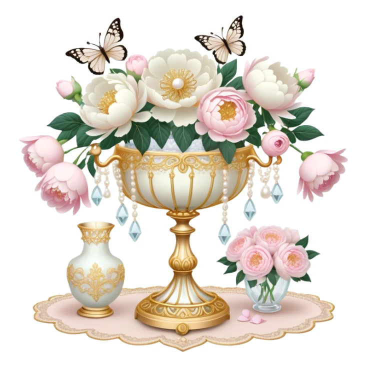 A romantic baroque-style vanity display featuring an intricate golden candelabrum, an embroidered ivory lace fan, and a crystal vase filled with white peonies and pastel pink roses, with pearl butterflies adding a whimsical touch.
 sticker