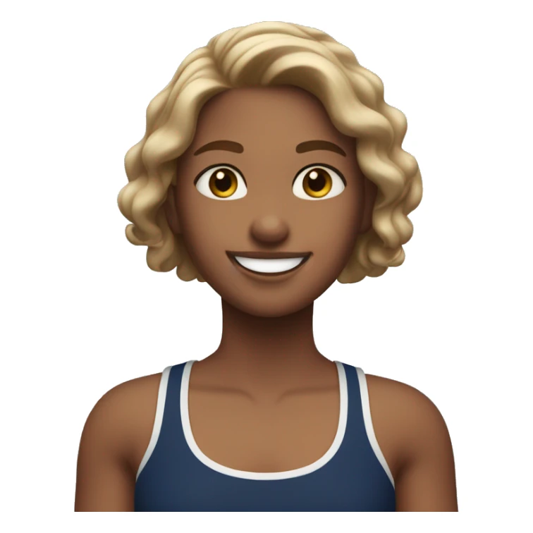 A brown light haired girl with hazel eyes smiling in a navy blue surf tank top.  sticker