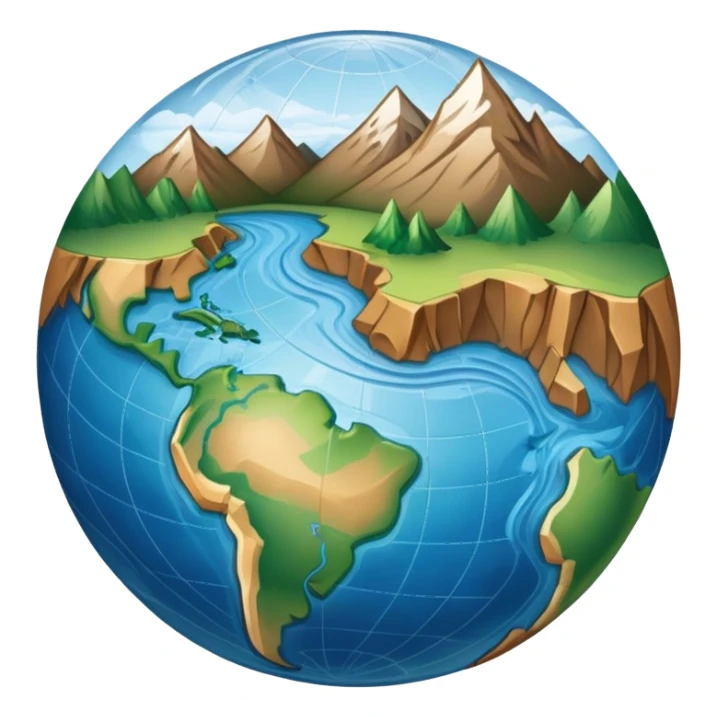 an icon featuring an earth with attitude and longitude lines, a textbook, and a topographic map, symbolizing geography as a science. The design includes a compass, mountain ranges, and rivers, representing the study of Earth's features and landscapes. Transparent background highlights geography. sticker