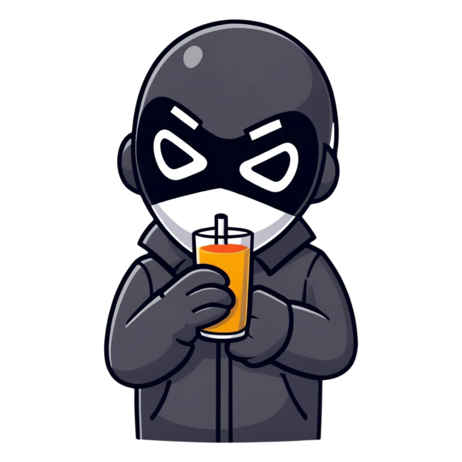 Masked man in dark clothes holding and sipping from a small juice box, comical contrast between serious appearance and childish action sticker