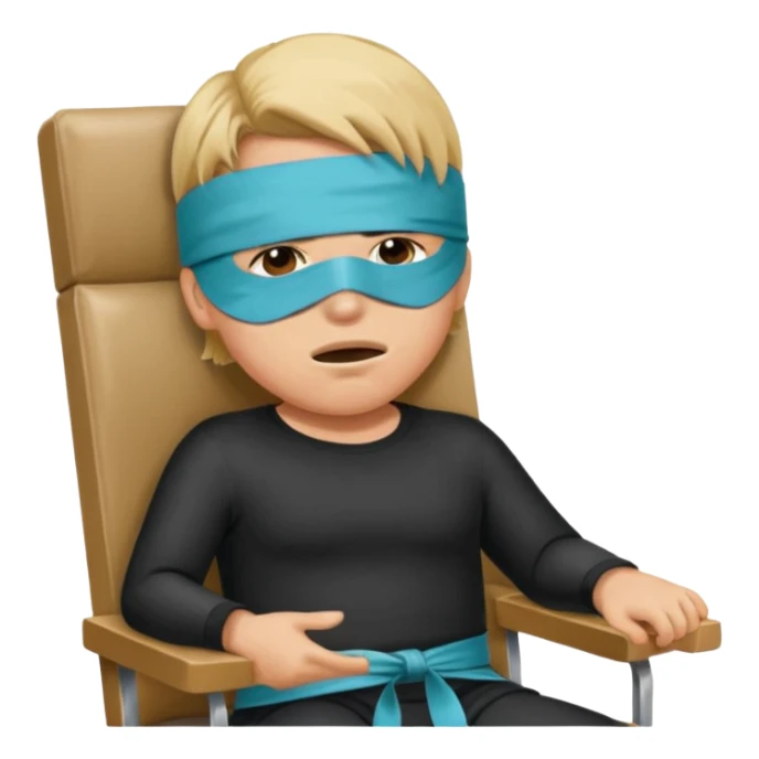 person in chair with blindfold and mouth tape sticker