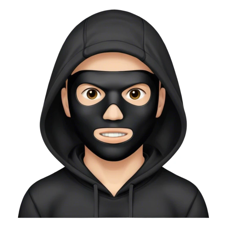 man with black full face hard plastic mask and black hoodie sticker