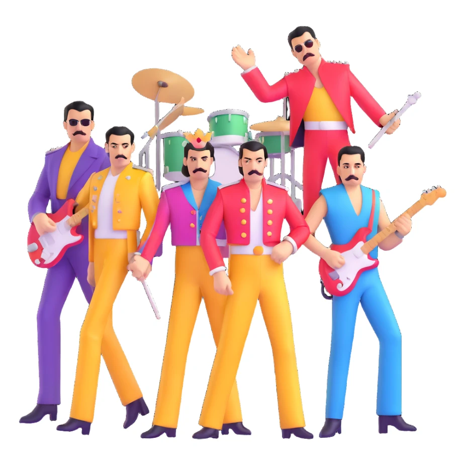 Freddie Mercury with Queen band members in colorful outfits sticker
