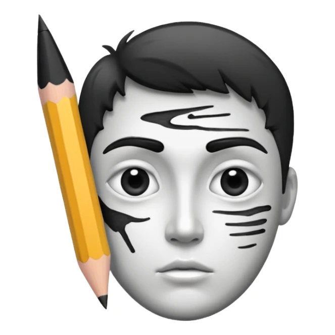 Create a black-and-white icon showing the process of cartooning: a pencil sketching an exaggerated face, with ink pen details and pencil smudges. Use clean lines and shading. Transparent background. sticker