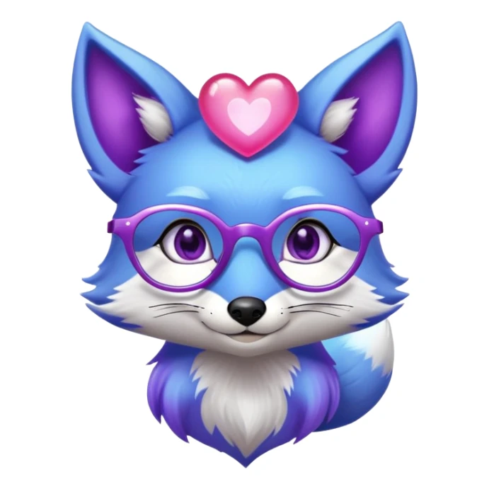 A whimsical fox with sparkling purple-blue fur, a glowing tail, a silver star on its forehead, and round glasses, with heart-shaped eyes, looking in love sticker