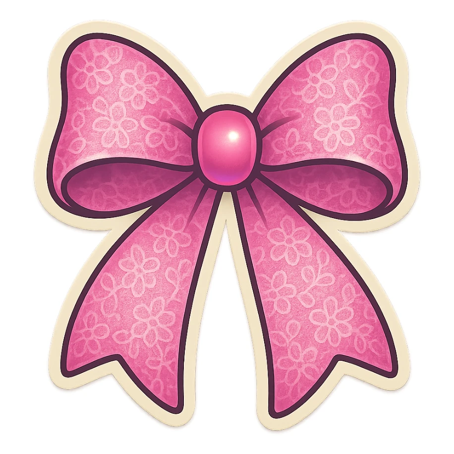 A pink bow sticker with a floral design, pink bow sticker with a lace texture sticker