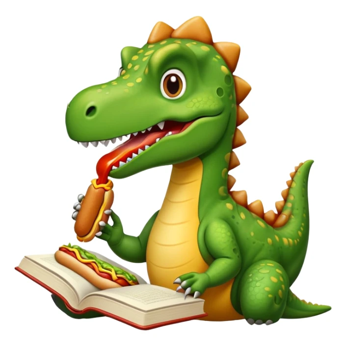 Dinosaur reading a book eating a hotdog sticker