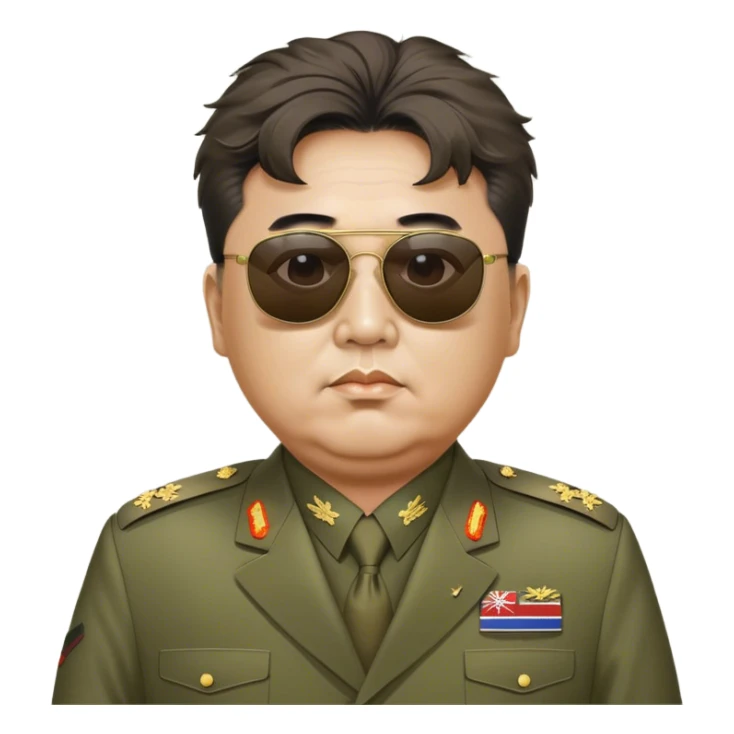 Messy haired general Kim Jung Il wearing olive mao suit and large sunglasses sticker