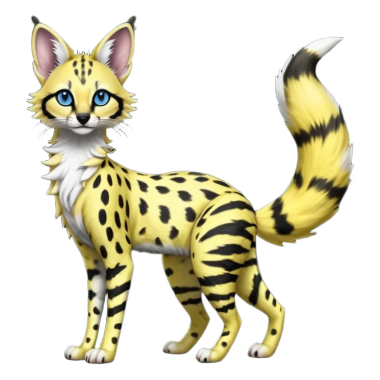 Edgy cool beautiful elegant spotted hype-realistic, black-maned, vibrant yellow Genet-Serval-Sergal-Margay-Fox-fusion-hybrid-furry-fursona, full body, with a long puffy fluffy black-and-white-striped tail, black long big ears, with natural blue eyes sticker