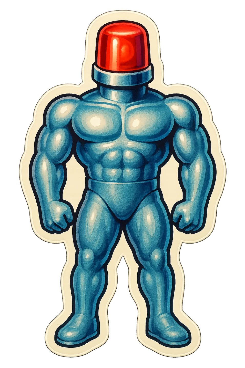 silver muscular robot with a red police light head, standing at attention, facing forward, retro stickers style sticker
