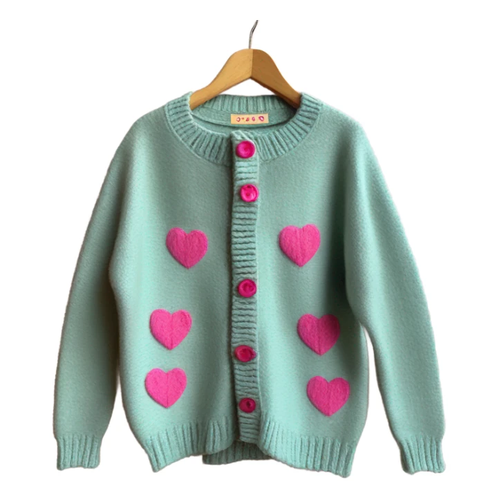 Sage oversize wool open short cardigan with pink heart shaped buttons, isolated sticker