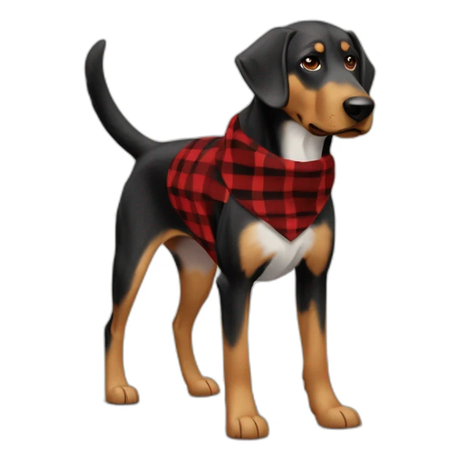 adult 75% Coonhound 25% German Shepherd mix dog with visible tail wearing small pointed red buffalo plaid bandana full body walking left quickly sticker