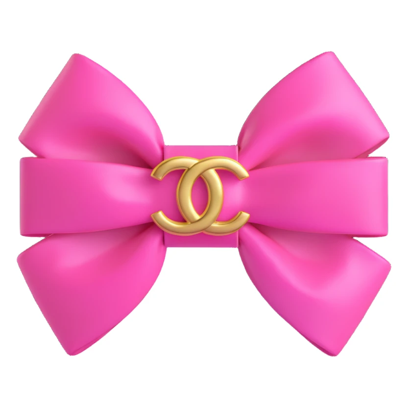 Add a gold Chanel logo to the pink bow, keep it glossy, elegant, 3D emoji style. sticker