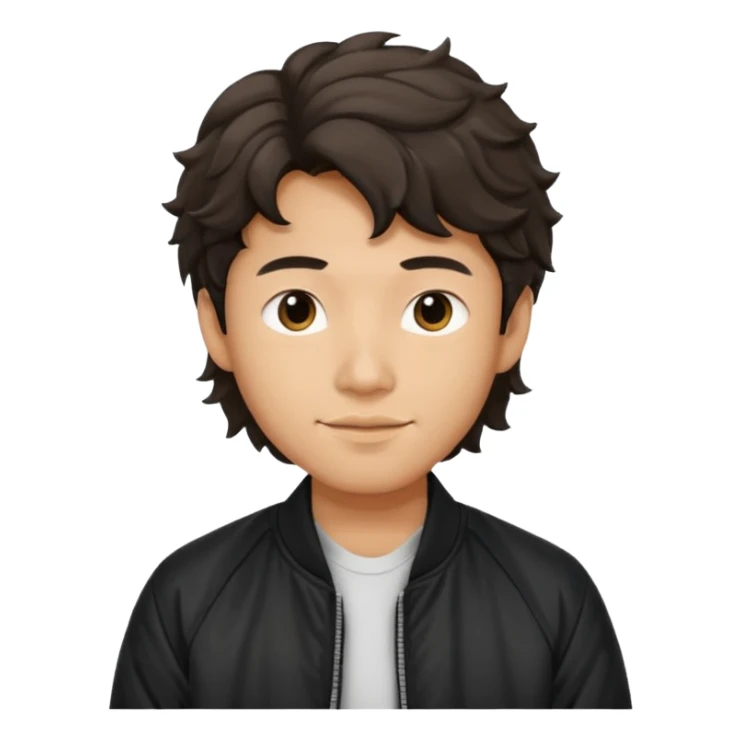 Asian guy wavy hair, dressed cool in black bomber jacket, demure but with a smirk  sticker