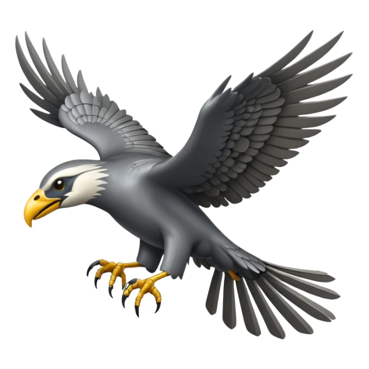 Emoji-style icon of a large metallic predatory bird flying, sharp wings, steel texture, dramatic pose, no gold no yellow sticker