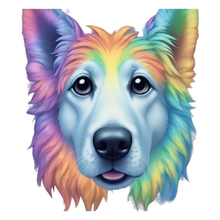 Multicolored rainbow retro groovy tie dye hippie trippy floral patterns on a metallic holographic iridescent blue dog face head unicorn sticker