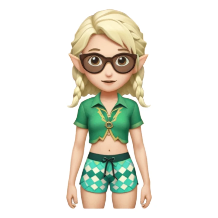 elf female legolas portrait, patterned board shorts (geometric/abstract), unique wooden-framed sunglasses, undercut hairstyle, slight smirk, visible pointy ears, no background, centered emoji, hipster summer vibe coctails  sticker