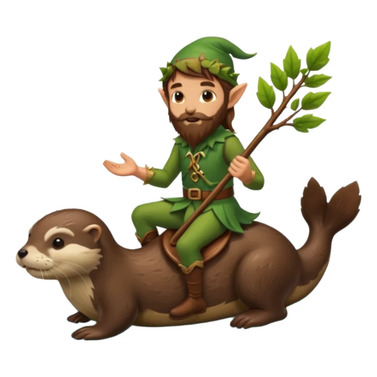 tiny forest elf man long brown hair beard riding an otter sticker