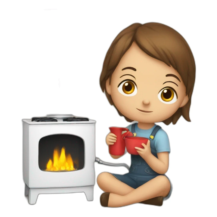 children are sitting near a mechanical stove sticker