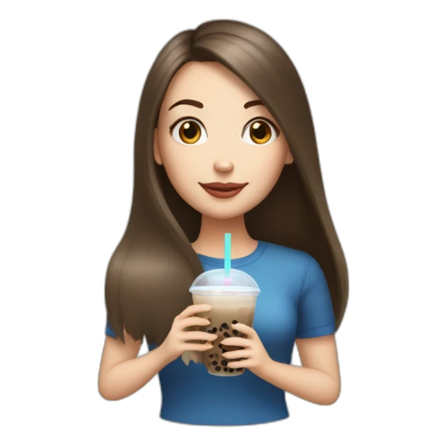 a brunette white girl with long straight hair holding an ipad and bubble tea sticker
