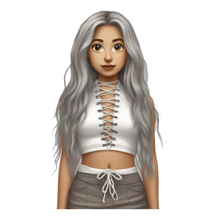 caucasian straight long haired brown, white plush lace up crop top, tight grey mini skirt, hyperrealist drawing sticker