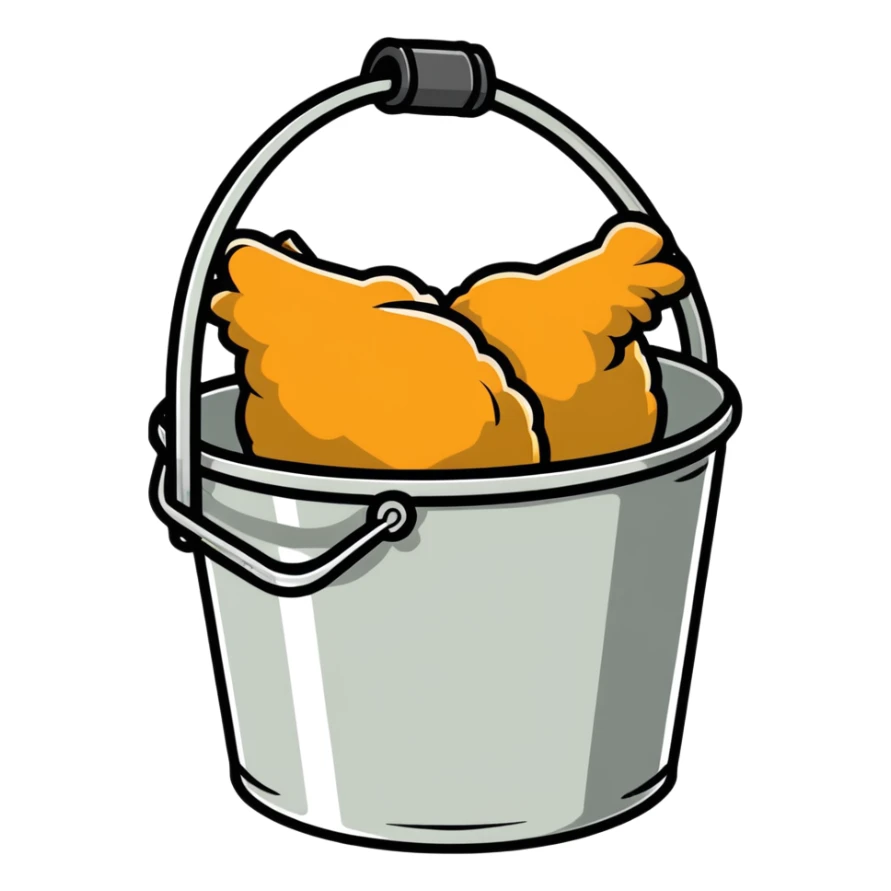 fried chicken much bigger than the silver steel bucket, slightly angled side perspective sticker