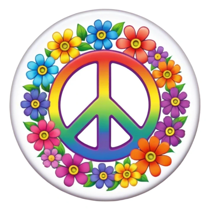 A round psychedelic colored button with the word (Peace) in the center with rainbow colored hippie style flowers sticker