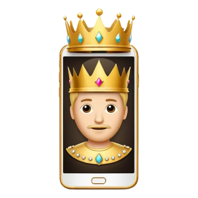 gold premium smart phone, king crown, apps on screen, no memoji sticker