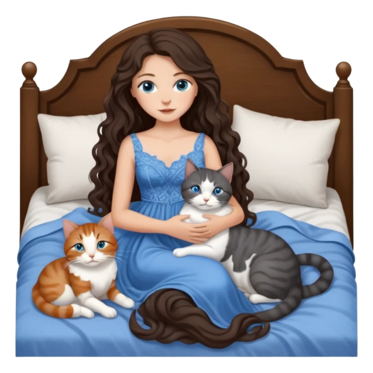 detailed realistic looking a dark grey and white cat regally laying with six other cats, cuddling with their owner in bed who is a pretty bratz lightly tanned white girl with long dark brown hair, blue eyes and gorgeous long wavy hair wearing a pretty detailed dress sticker