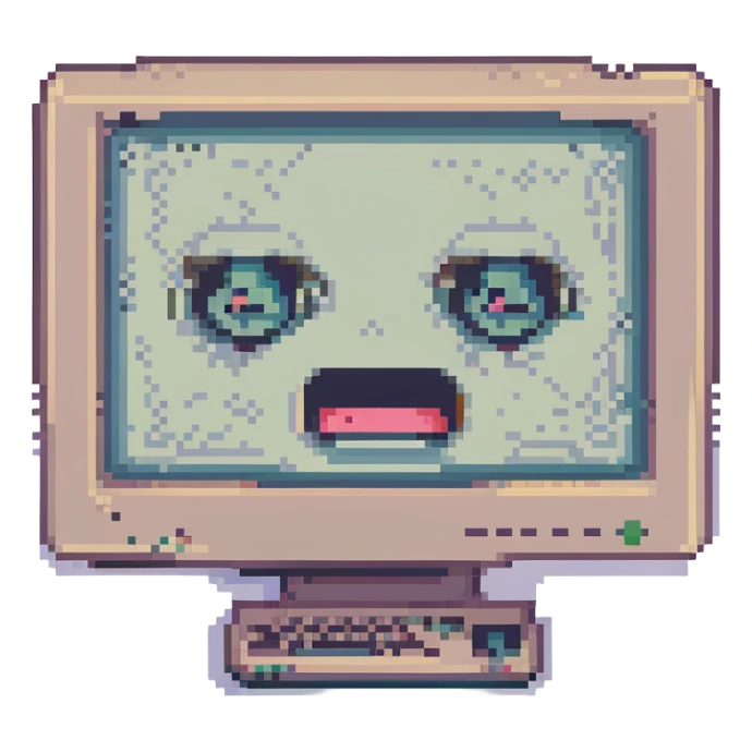 a jaded AI, computer monitor with sarcastic pixel face, faded colors sticker