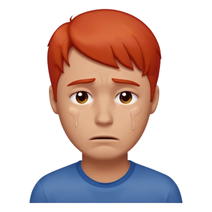 man with no red or orange hair. His face is intensely red, visibly flushed and over-reddened, as if he's been crying hard. His expression is sad, and a single clear tear flows down his cheek. The style should be simple, clean, and consistent with modern emoji design. sticker