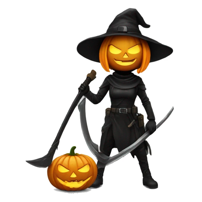 Human female pumpkin hunter with a scythe, glowing pumpkin eyes inside a black helmet, Halloween theme, emoji sticker