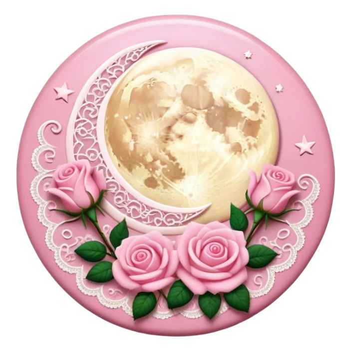 A round pink button with light cream damask lace, a full moon and stars and pink roses sticker