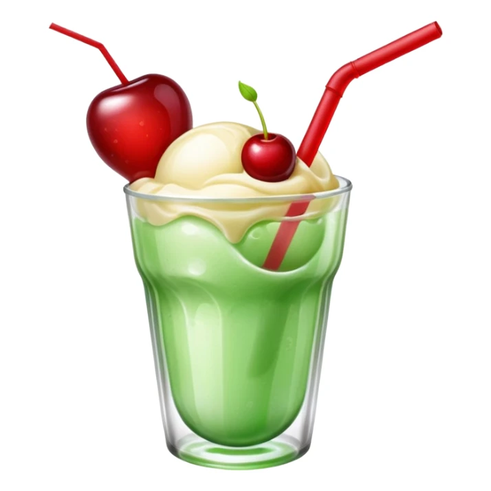 Create an emoji with a clear rounded glass, bright transparent green soda with fine bubbles, a smooth vanilla scoop, a glossy red cherry, and a red straw, using vibrant colors, soft shading, and clear glass highlights.
 sticker