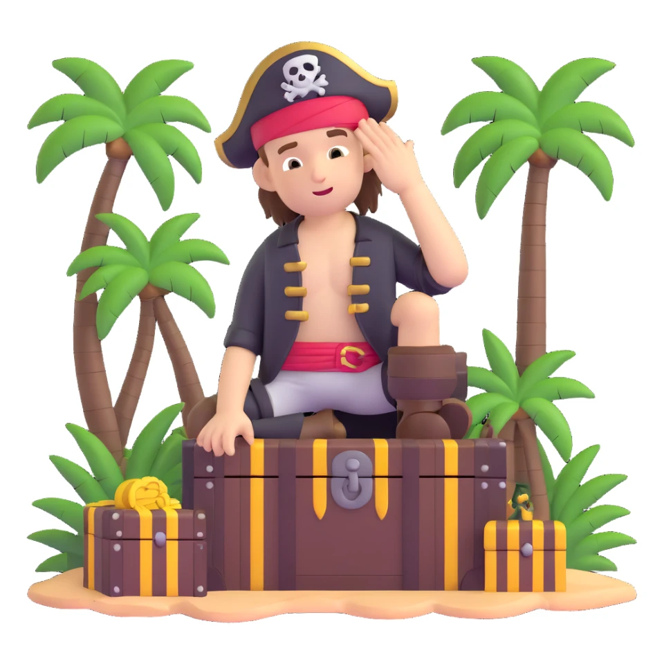 kid pirate with hand on forehead looking for something, one foot on treasure chest, palm trees in background sticker