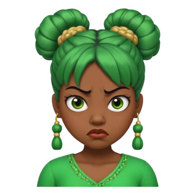 Create a 3D cartoon-style girl character with dark skin, round face, angry expression, big wide eyes, and tightly styled double buns made of green beaded hair. The girl should look irritated, eyebrows sharply angled, and lips pressed in a frown. sticker