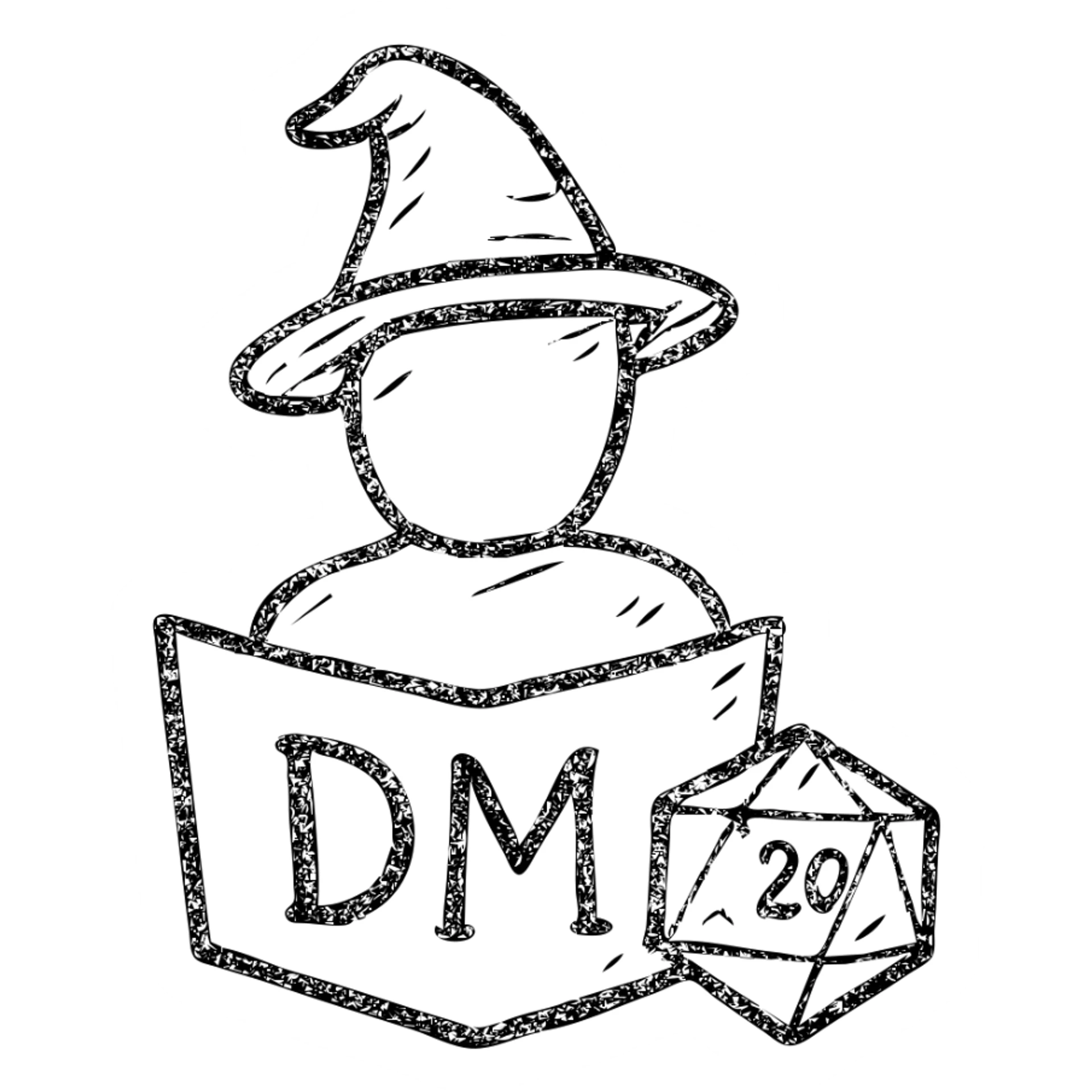 minimalist hand-drawn outlined icon representing Dungeon Master for DnD TTRPGs with worn distressed effect sticker