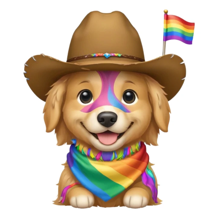 golden retriever with cowboy hat and rainbow flag sticker