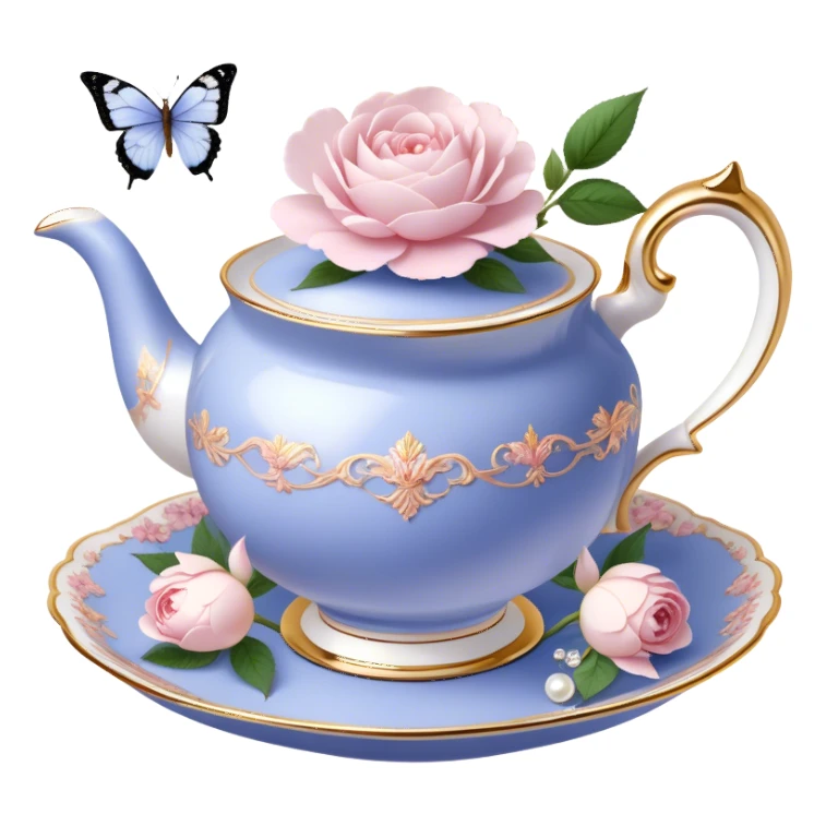 A luxurious Victorian tea set with gold accents, featuring a porcelain teacup filled with herbal tea, surrounded by scattered blush pink rose petals and white peony blossoms, with a periwinkle-tinted pearl butterfly perched on the rim. sticker