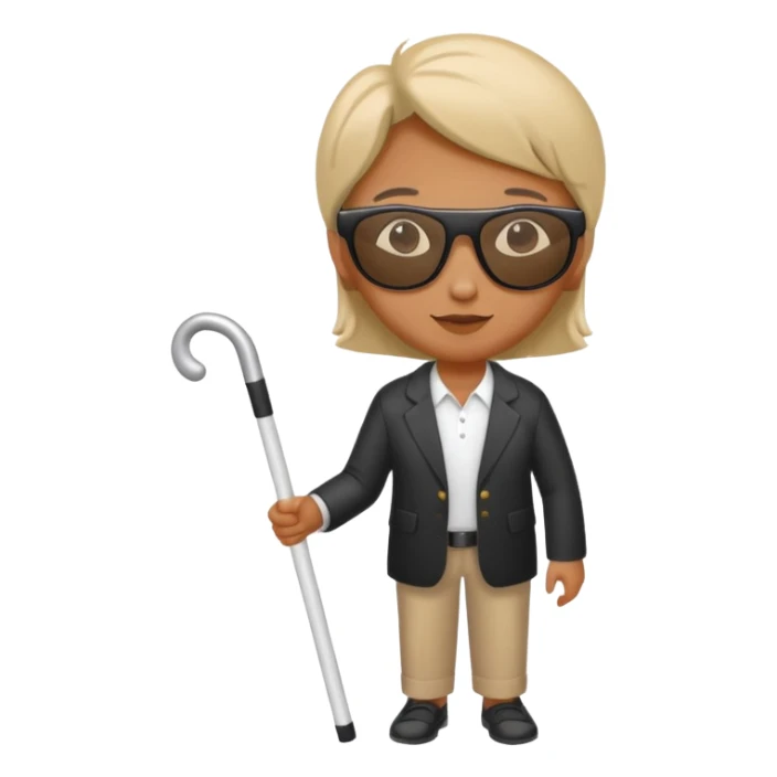 A blind person wearing sunglasses and holding a guide cane sticker
