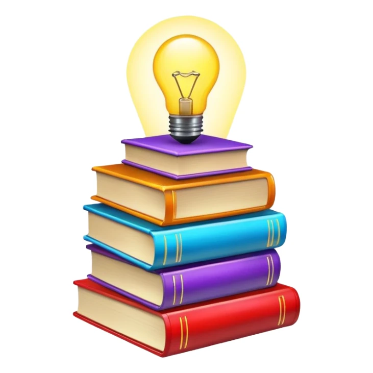 stack of books with a glowing idea symbol sticker