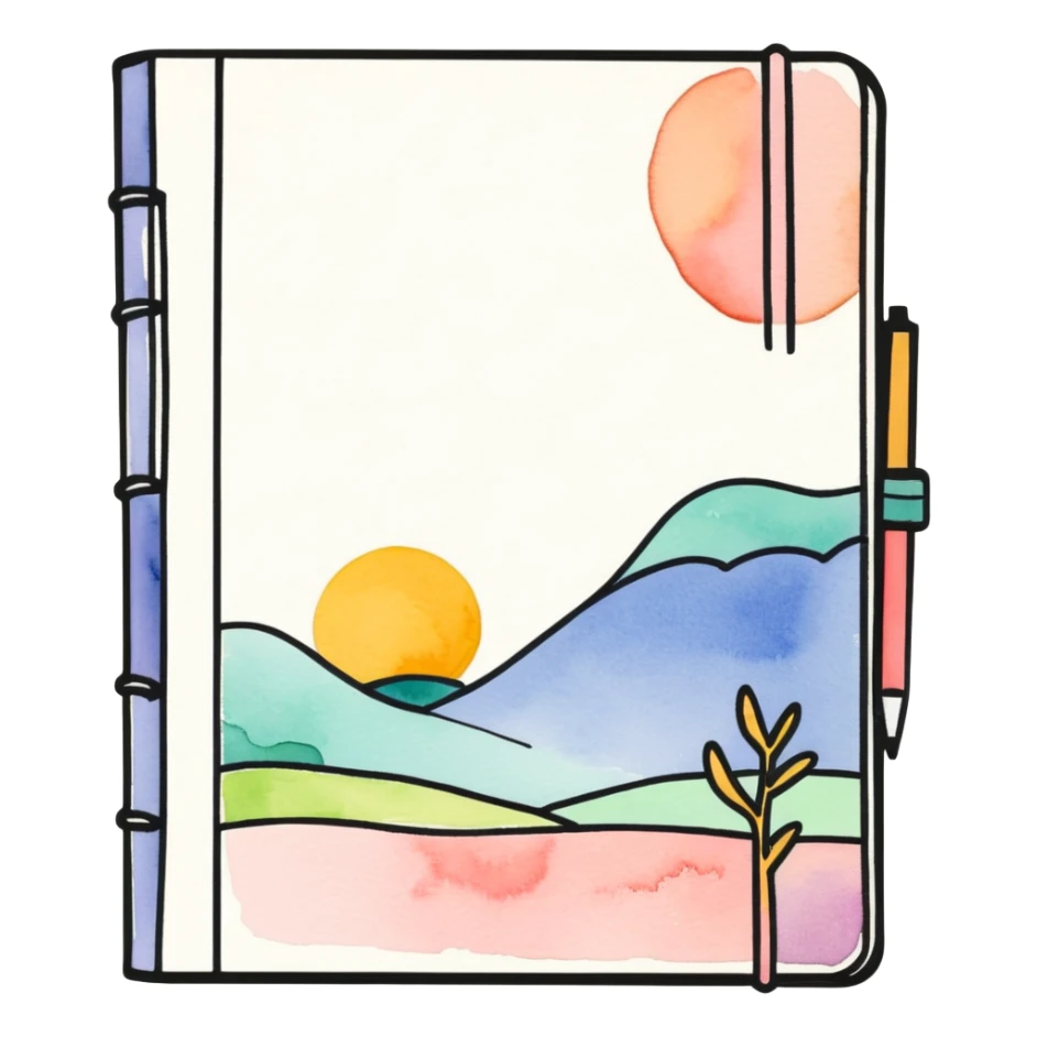 A closed soft pink diary book with Doodle drawings on the front cover, detailed watercolor whimsical illustration, isolated die cut sticker. Must be 8k, dpi 300 sticker