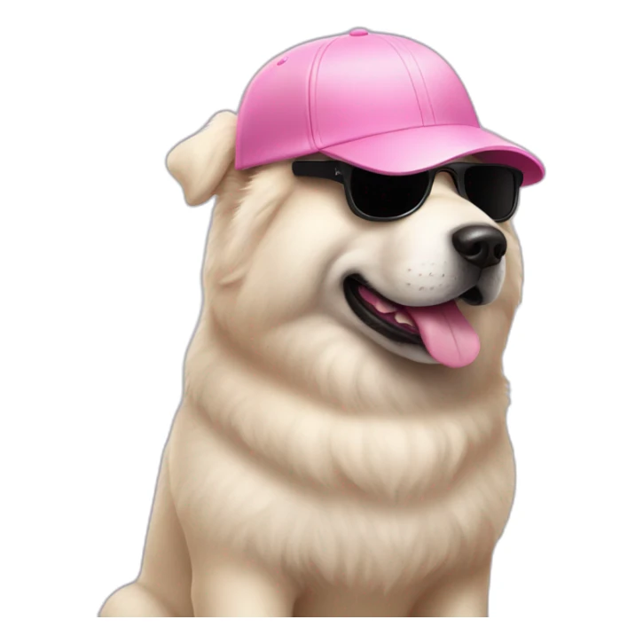 White dog chow chow in Fluffy pink baseball cap and black sunglasses  sticker