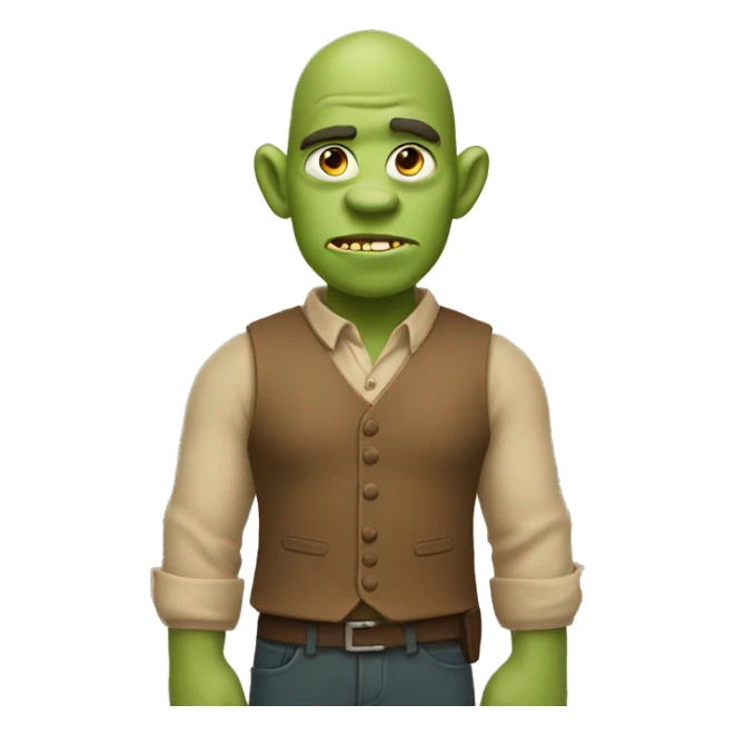A green ogre wearing a tan shirt with a brown vest sticker