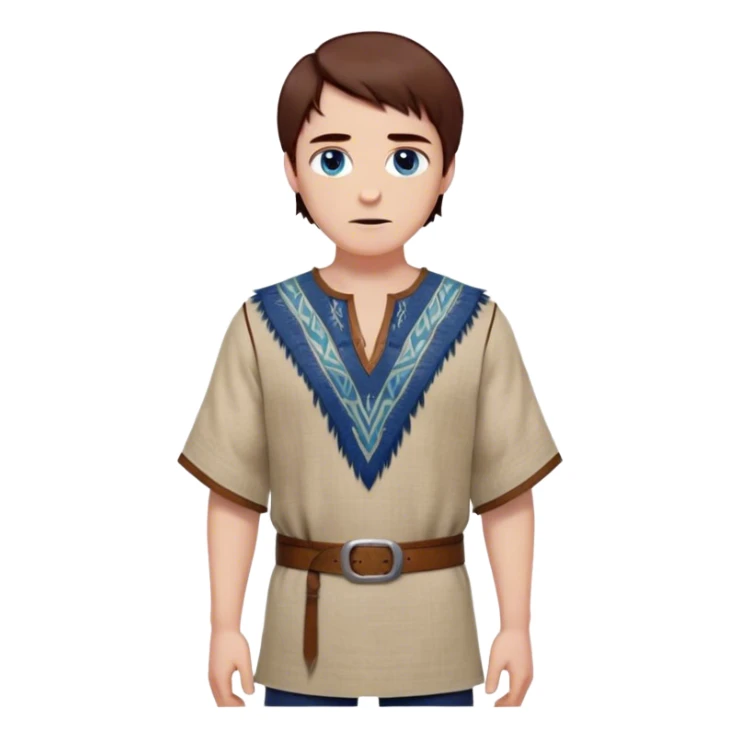 Medieval spring outfit worn by a DnD themed fantasy male character. Light olive linen tunic with hand-stitched geometric patterns at the neckline, secured with a leather cord belt. Clothes only above the waist, full waist coverage. The character has no arms. Character is white-skinned with mahogany brown hair, deep blue eyes, and short straight hair with feathered edges. sticker