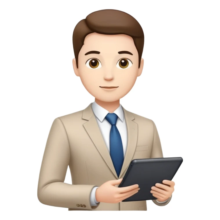 business executive confidently, holding a digital tablet or folder, wears smart business attire sticker
