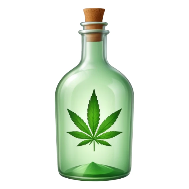 curved glass bottle with a cannabis leaf on it sticker