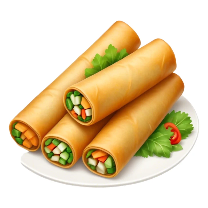 Cinematic Realistic Spring Rolls Dish Emoji, featuring golden, crispy rolls filled with fresh vegetables rendered with detailed textures and warm natural lighting. sticker