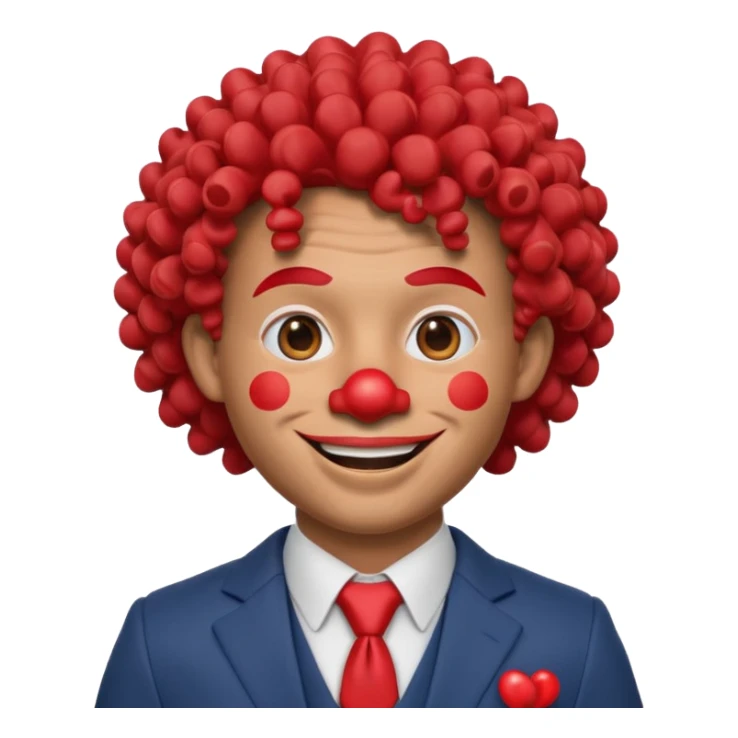 A 3D cartoon man with a red clown nose, smiling expression, wearing a suit, soft lighting, curley hair, realistic Memoji-style. sticker