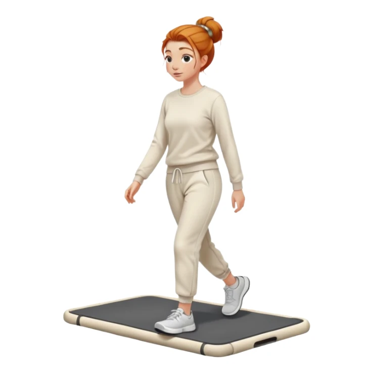 Gorgeous Ginger girl messy bun walking on walking pad cream sweatpants sticker